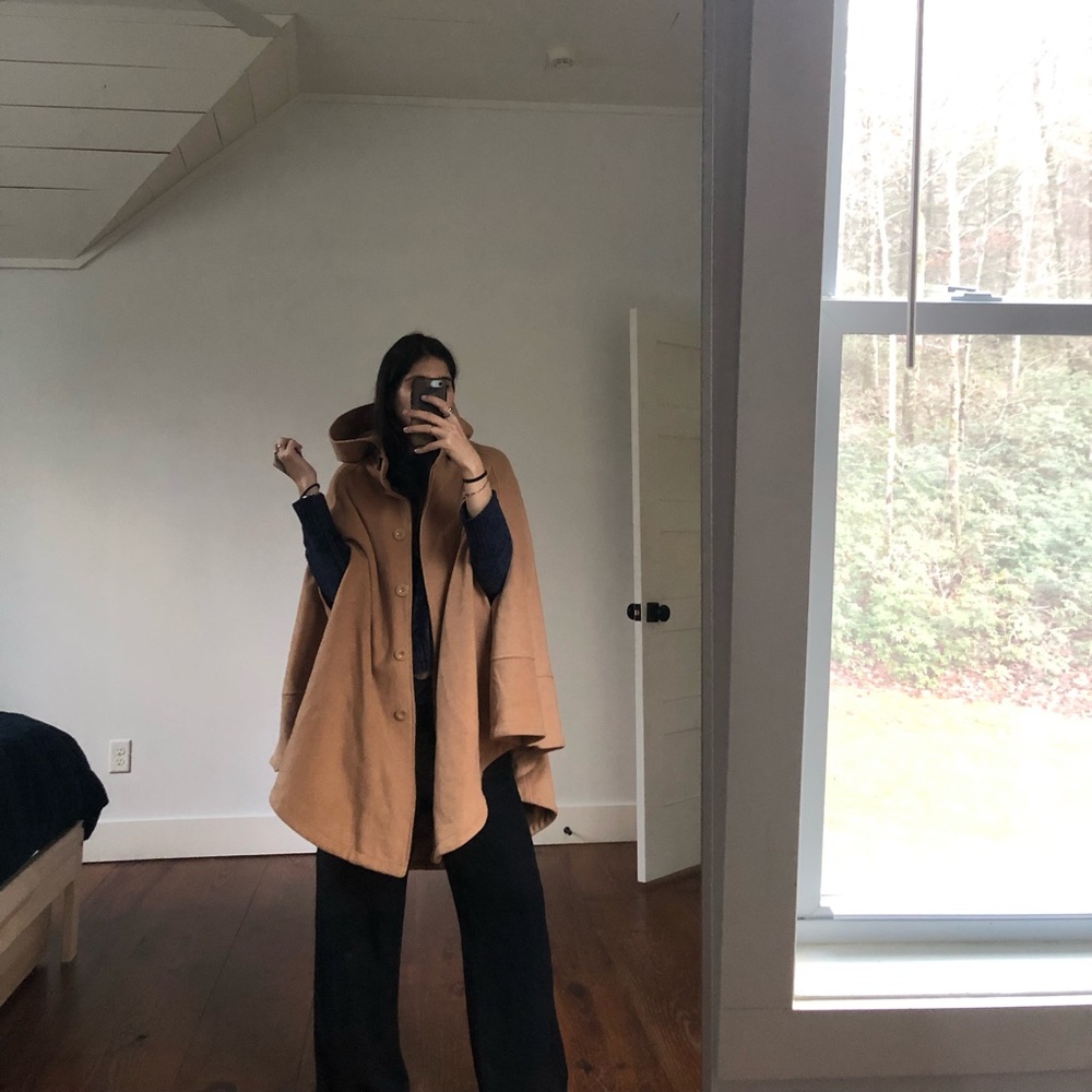 Drapey Camel Cape with Black Leather Detail